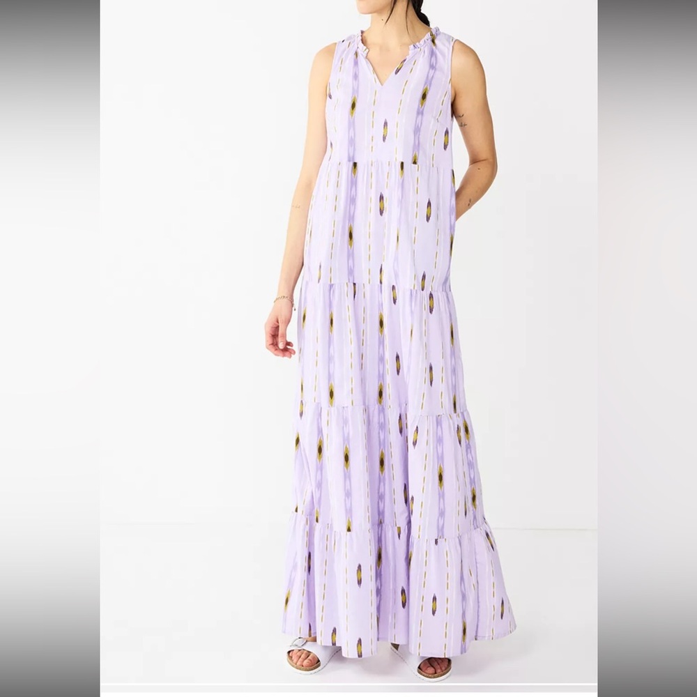 NWT LAVENDER and GOLD Sonoma Goods For Life Tiered Cotton Maxi Dress Size XS